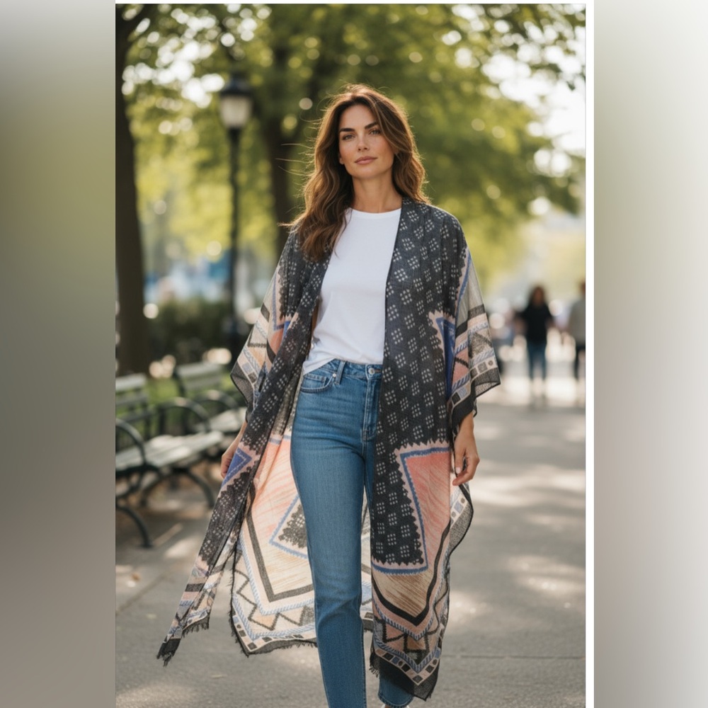 Riah fashion Geometric Patterned Kimono OS